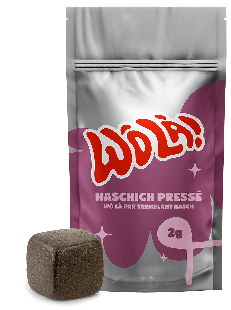 Une paquet Wô Là avec une brique de haschisch pressé devant.